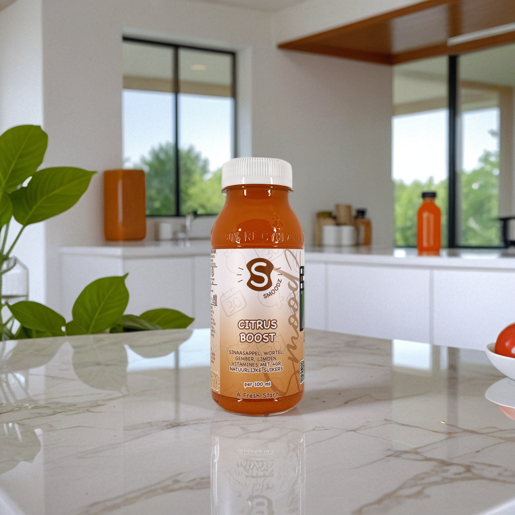 Flesje Citrus Boost, een energieke combinatie van sinaasappel, wortel en limoen voor een vitamine-boost.