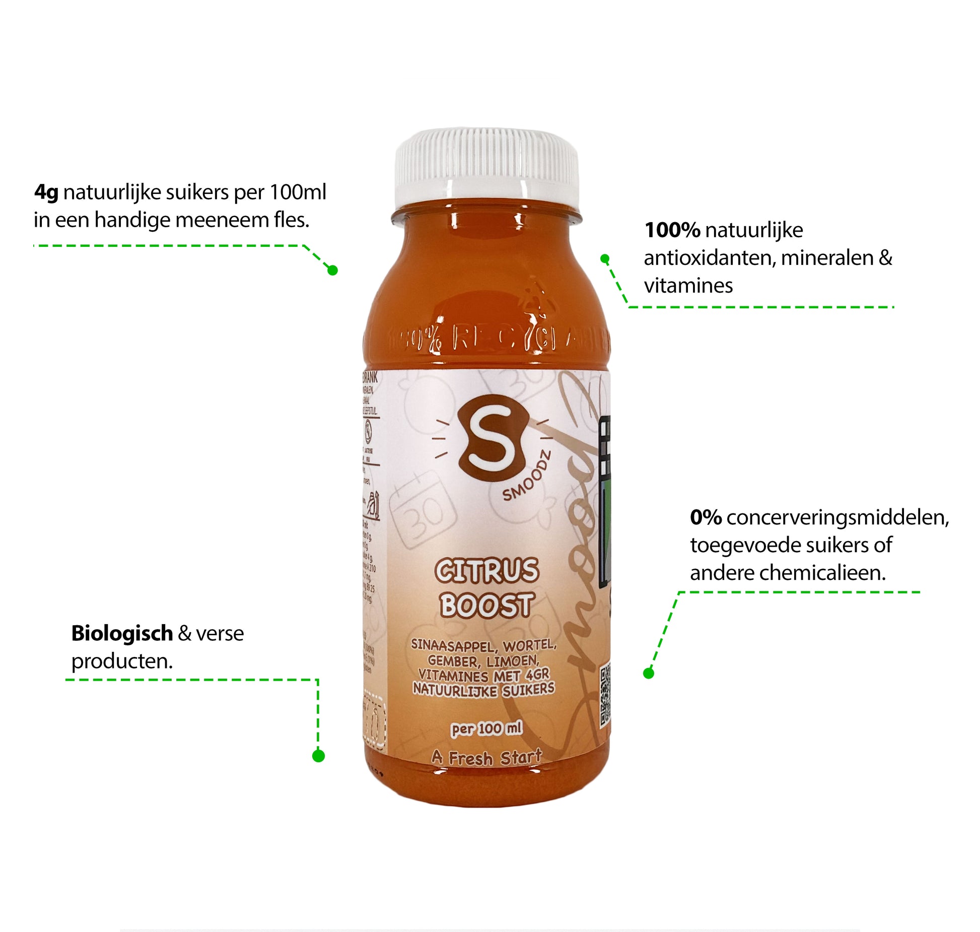 Close-up van Citrus Boost, een frisse mix van sinaasappel, wortel en limoen.