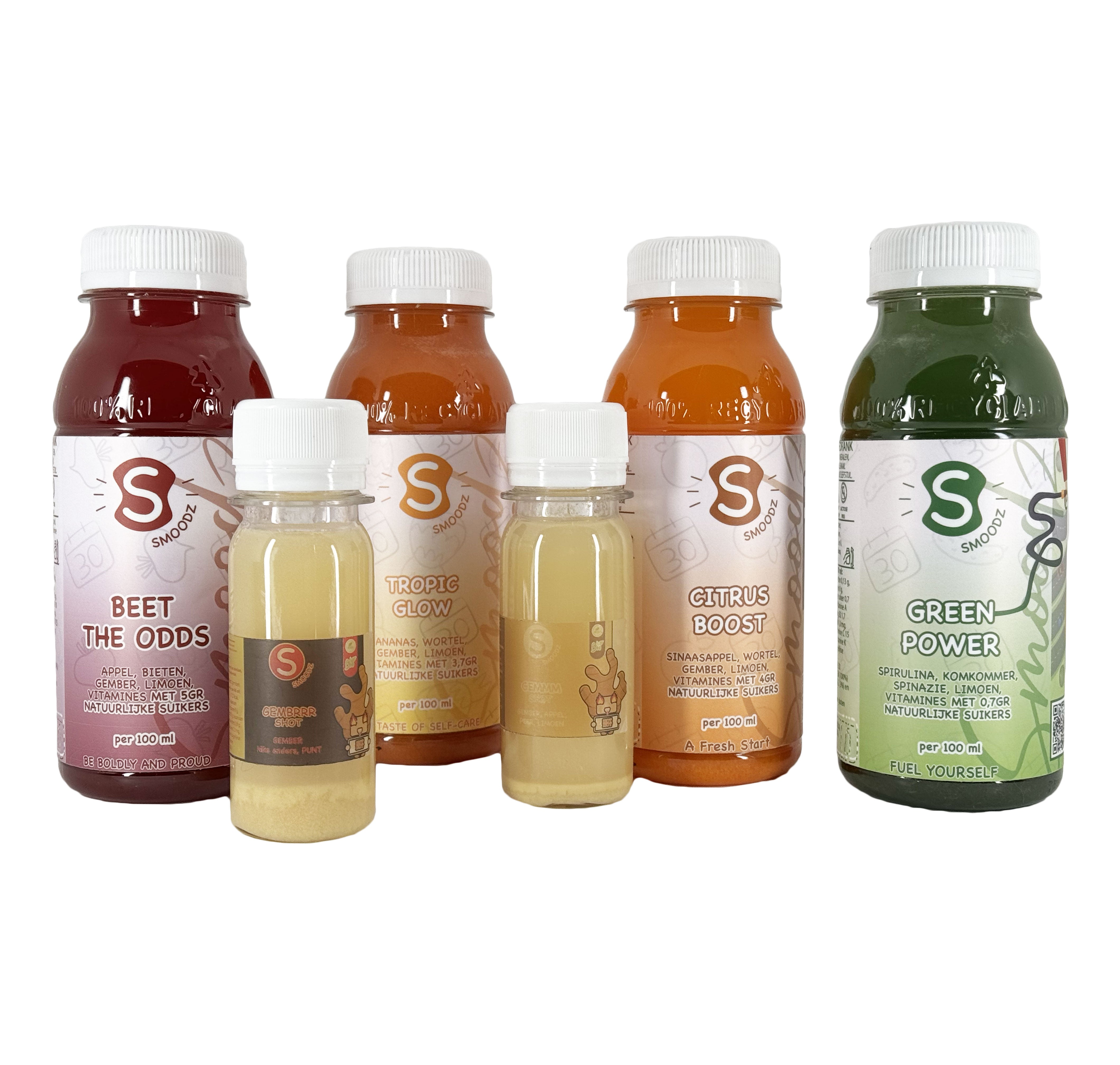 Biologische sappen pakket met sinaasappel, gember, appel bieten wortel ananas spirulina limoen met Gember shotjes
