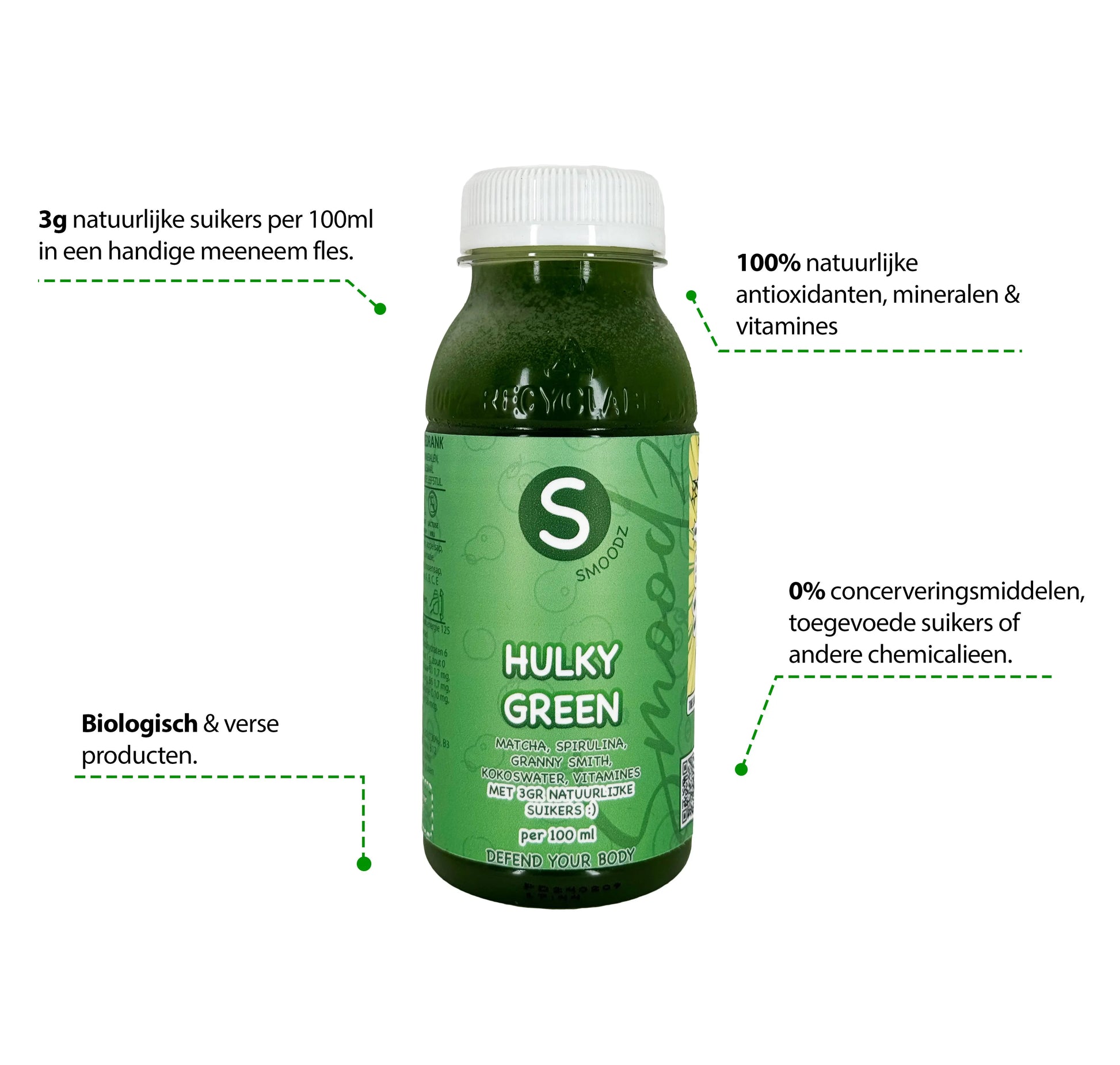 Hulky Green: een groene sapje met ingrediënten zoals spinazie, matcha en groene spirulina.