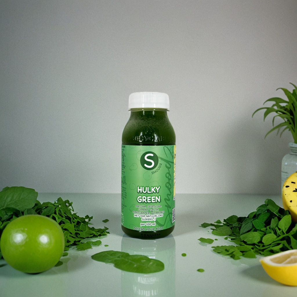 Flesje Hulky Green, een voedzame groene boost voor energie en gezondheid.