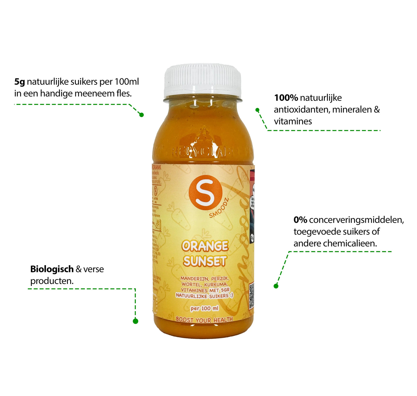 Flesje Orange Sunset, een verfrissend sap met de smaken van gember, kurkuma, mandarijn en perzik.