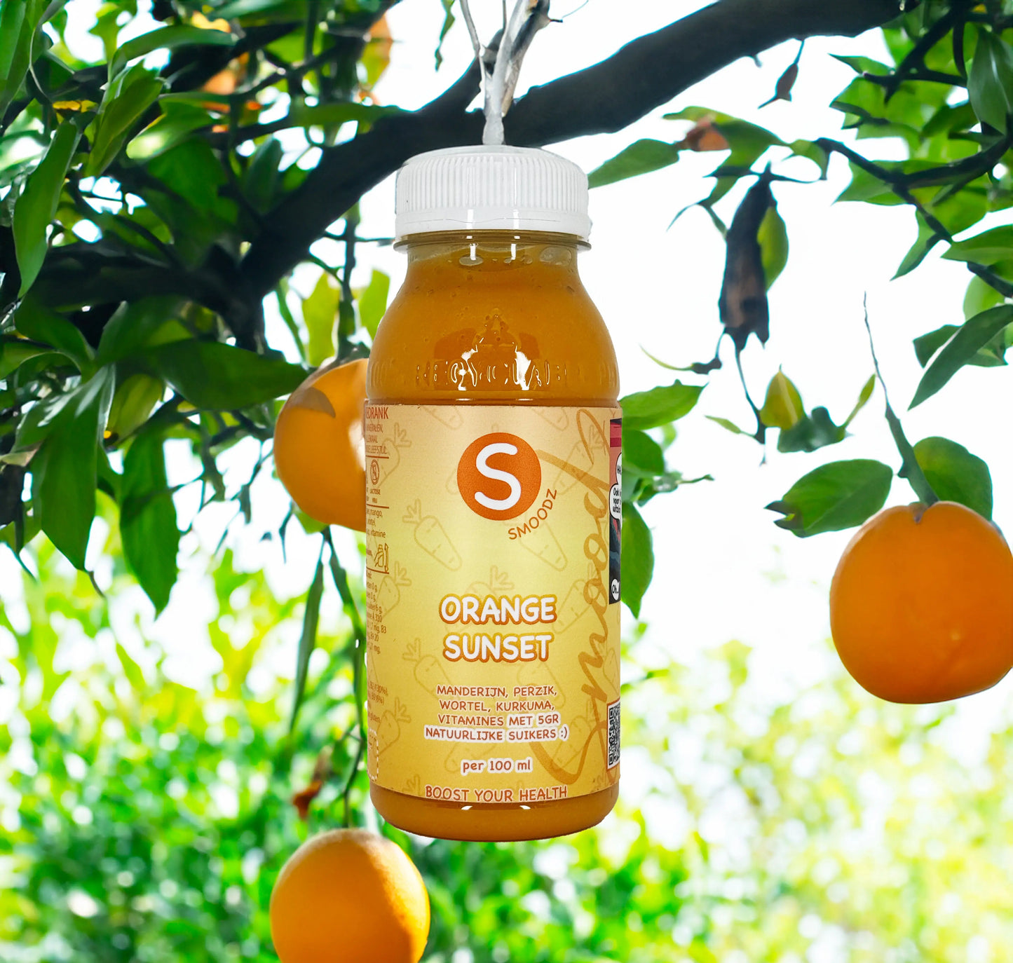Orange Sunset: een pittige en fruitige mix van gember, kurkuma, mandarijn en perzik voor een energieke boost.