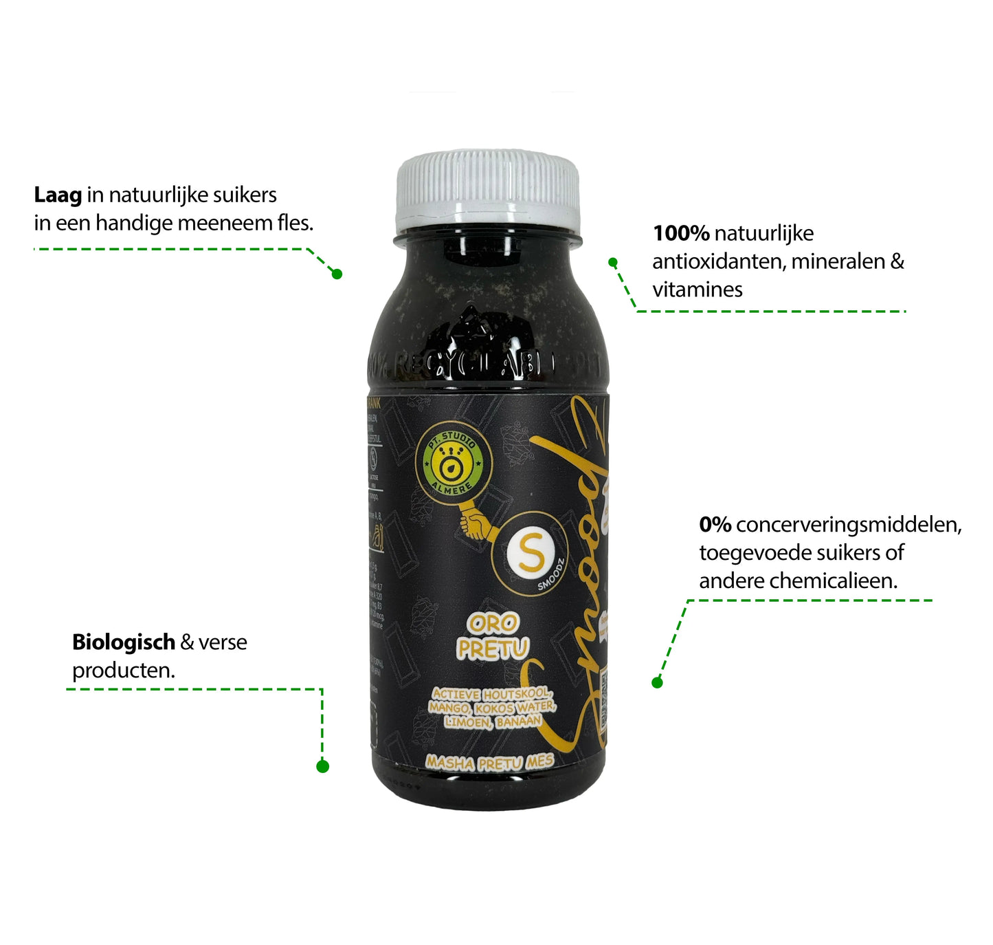 Flesje Oro Pretu met actieve houtskool, spinazie en kokos, een krachtige, voedzame detoxdrank.