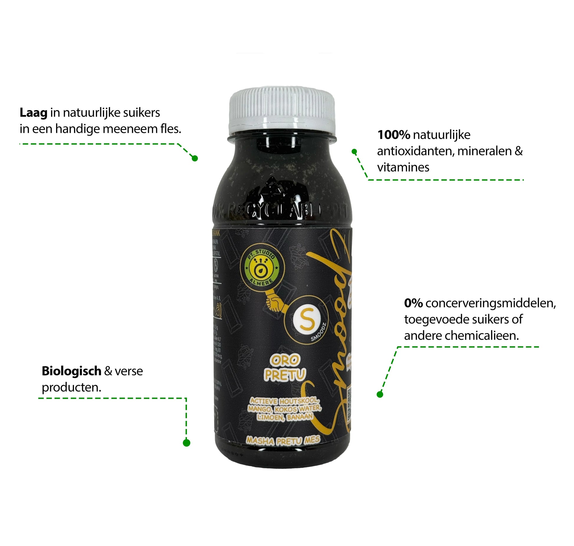 Flesje Oro Pretu met actieve houtskool, spinazie en kokos, een krachtige, voedzame detoxdrank.