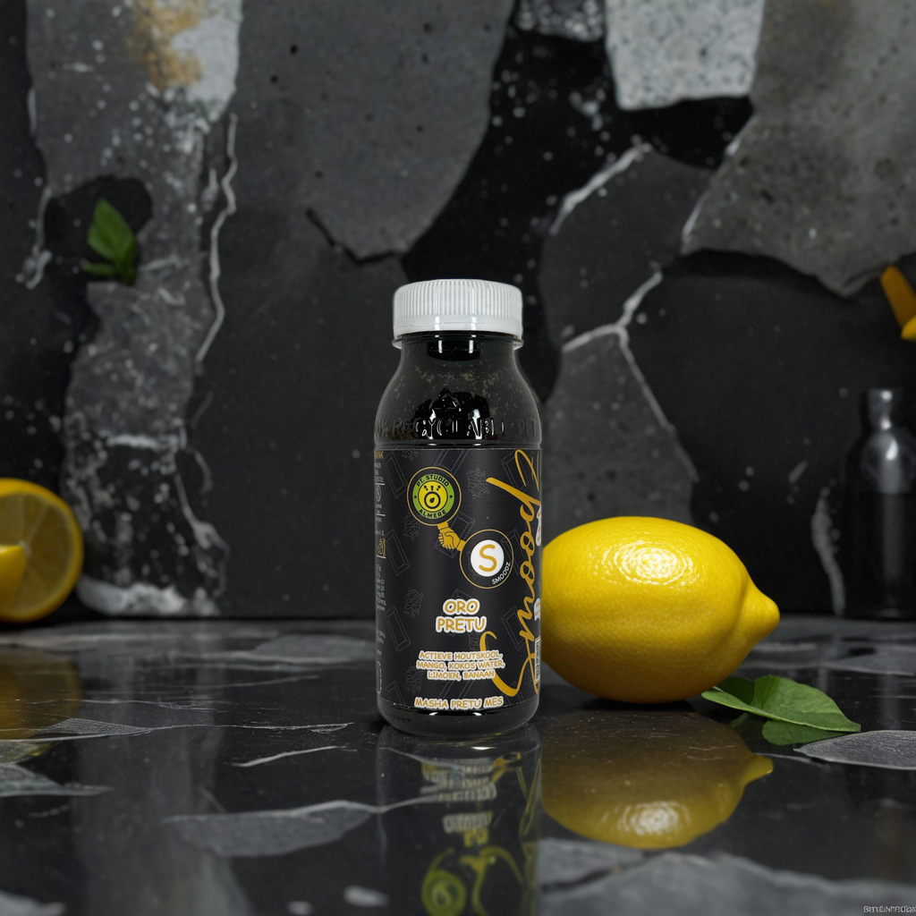 Flesje Oro Pretu met actieve houtskool, spinazie en kokos, een krachtige, voedzame detoxdrank.