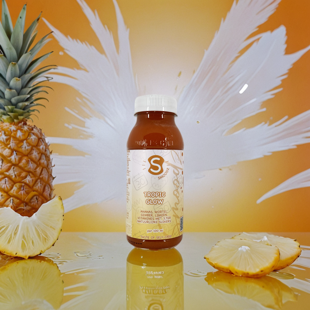 Flesje Detox Tropic Glow, een tropisch detoxsap met natuurlijke, biologische ingrediënten.