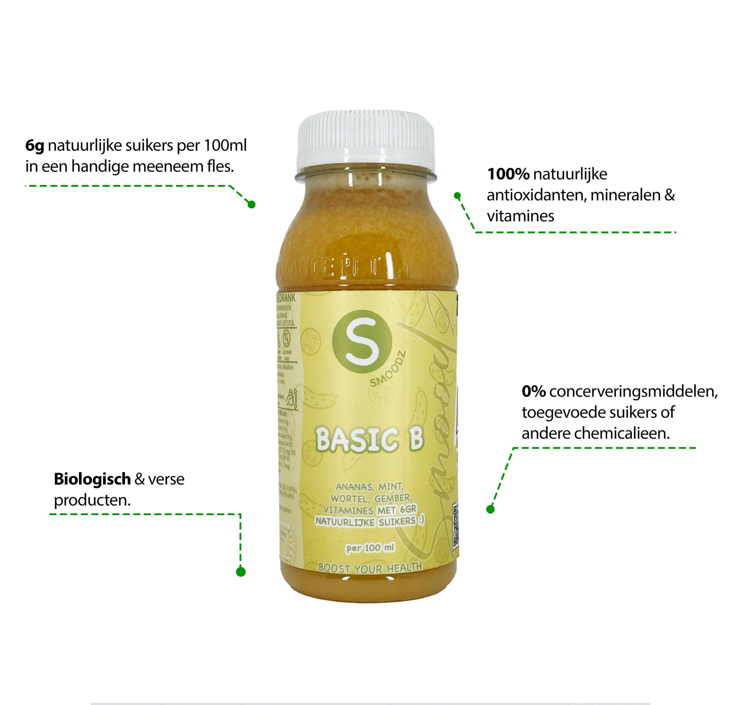 In een handige meeneem flesje 250 ml Basic B: een flesje sap met de frisse smaken van appel, munt, komkommer en meer, ideaal voor een gezonde levensstijl.