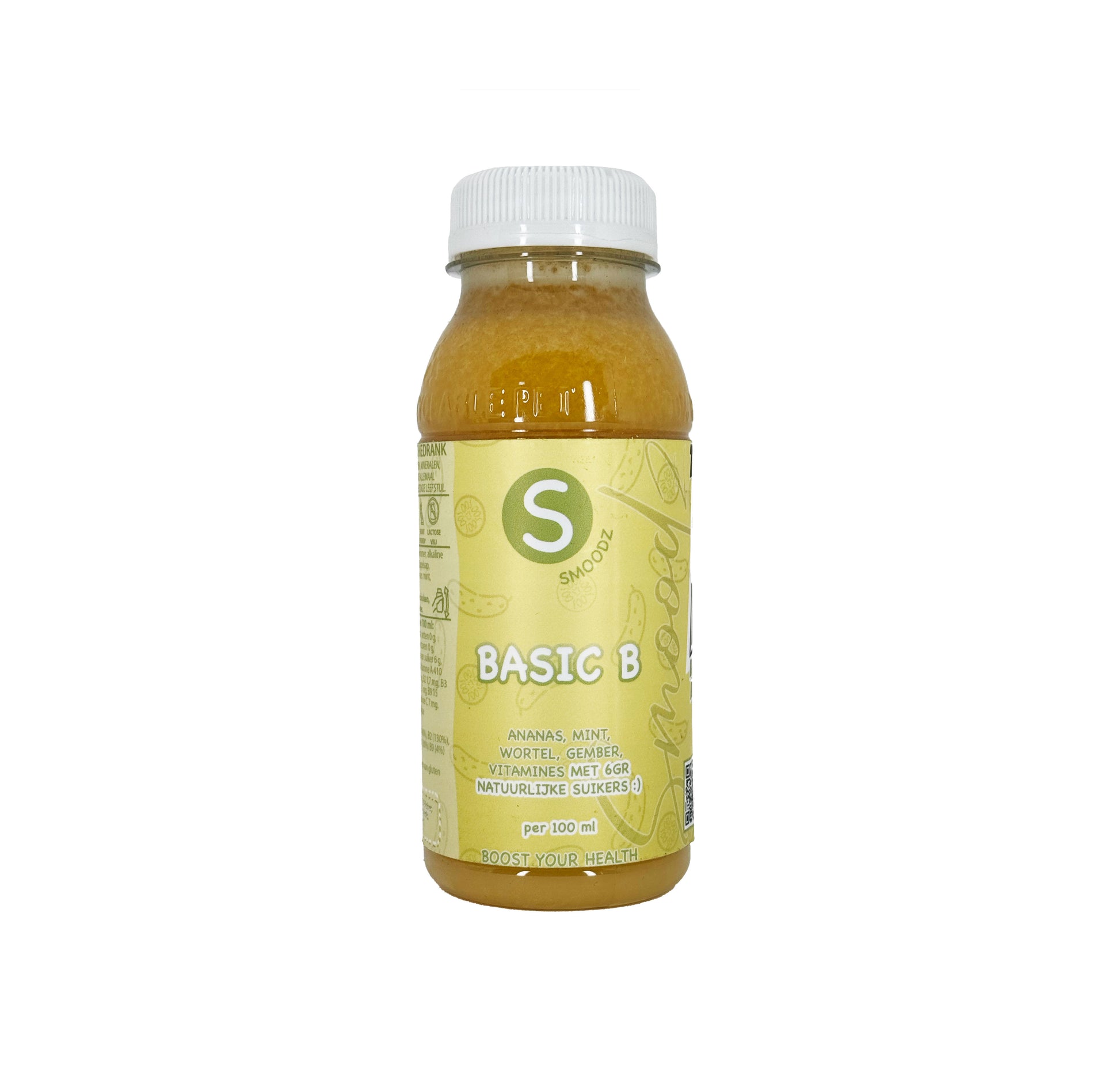 Gezond biologisch sap Basic B, met ingrediënten als appel, peer, gember en komkommer.