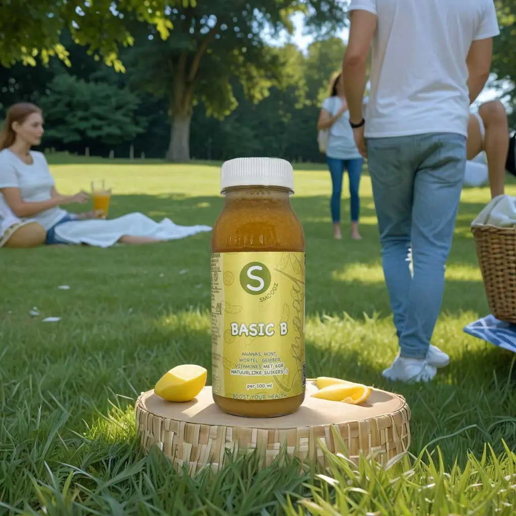 Close-up van een Basic B-sap, gemaakt van biologische ingrediënten zoals appel, peer en gember.