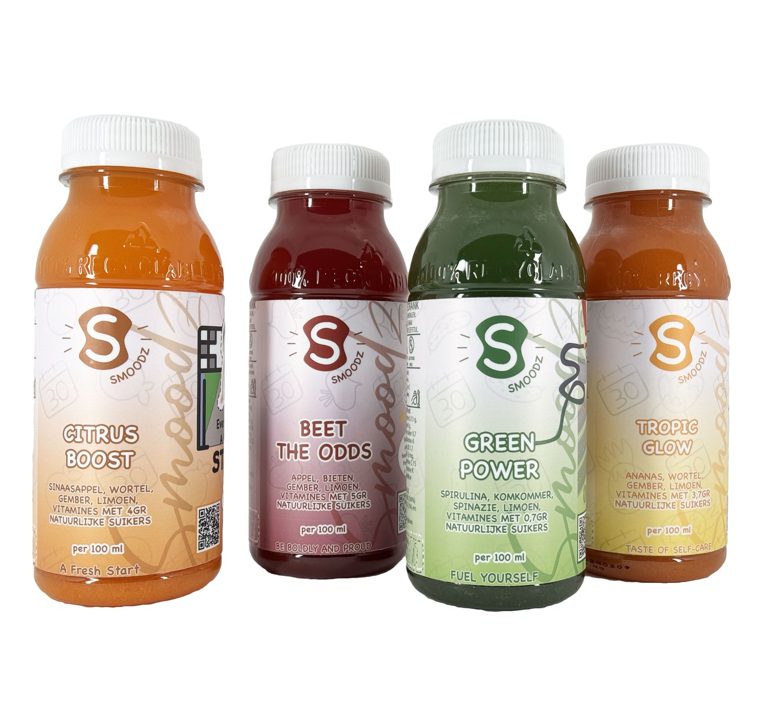 Biologische sappen pakket met sinaasappel, gember, appel bieten wortel ananas spirulina limoen