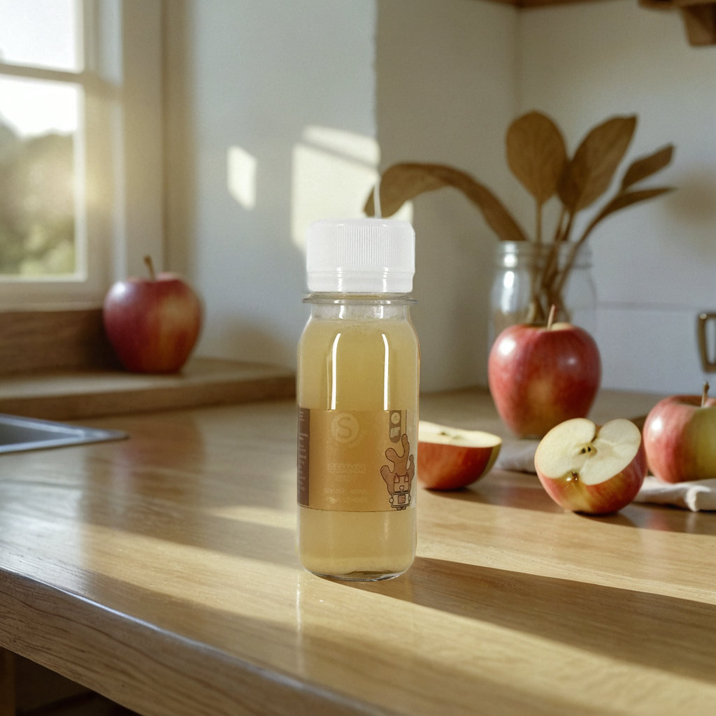 Flesje Gemberhot met biologische gember, appel, peer en limoen, een pittige bio gembershot.